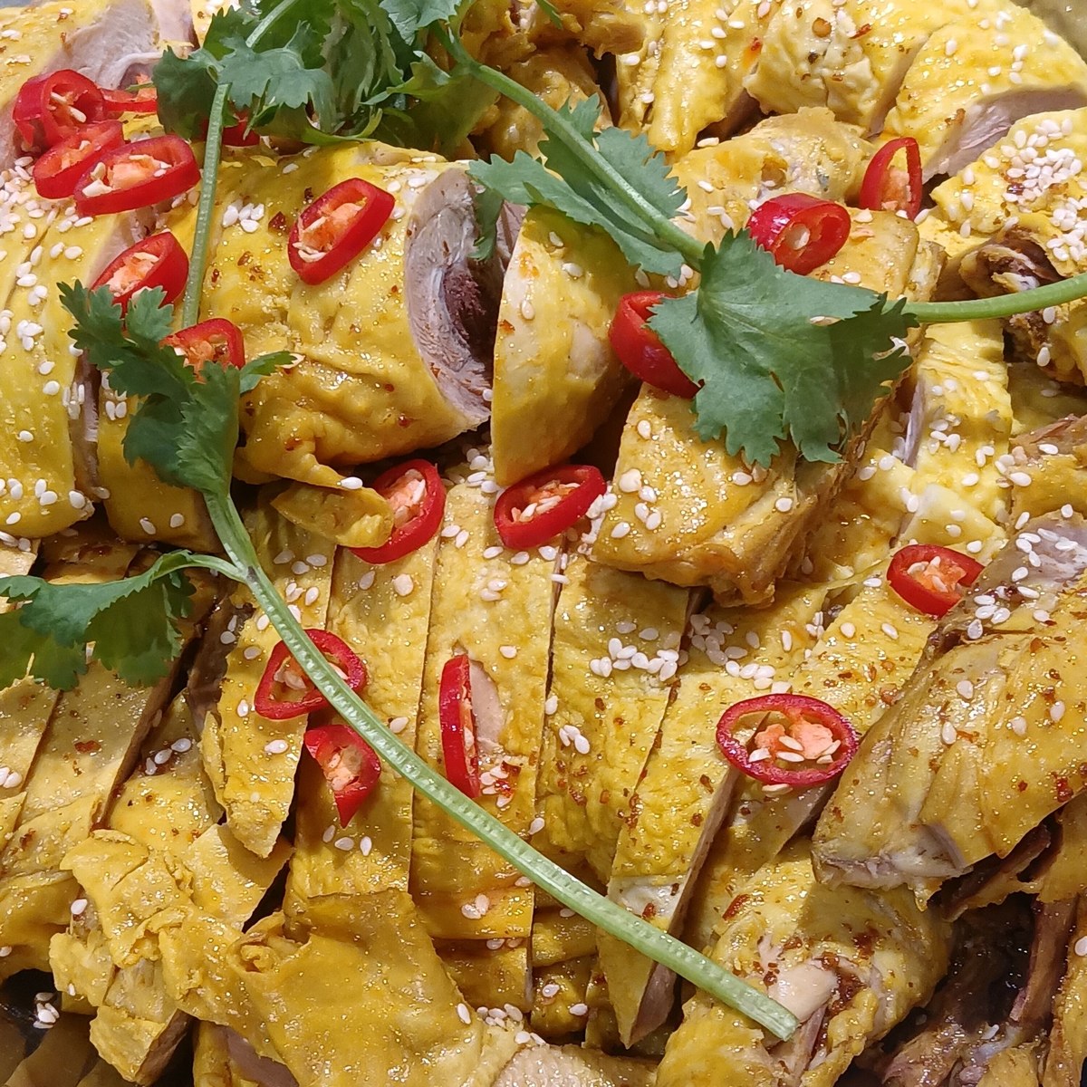 Yellow braised chicken with glossy sauce, scallion, and chiles.
