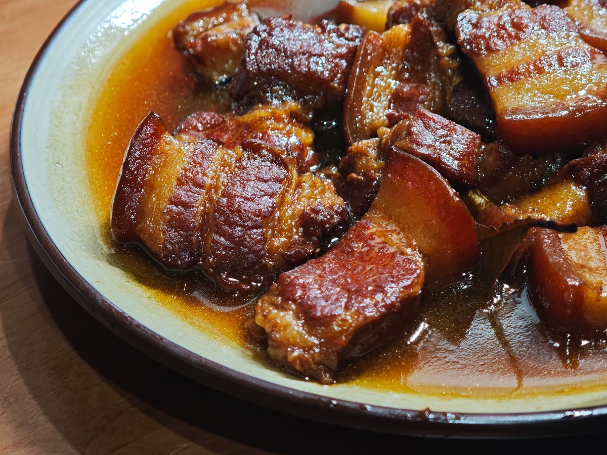 Glossy red-braised pork belly cubes in a soy caramel sauce.