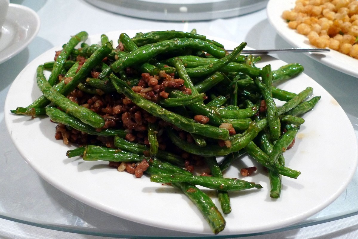 Sichuan dry-fried green beans with minced pork and savory aromatics.