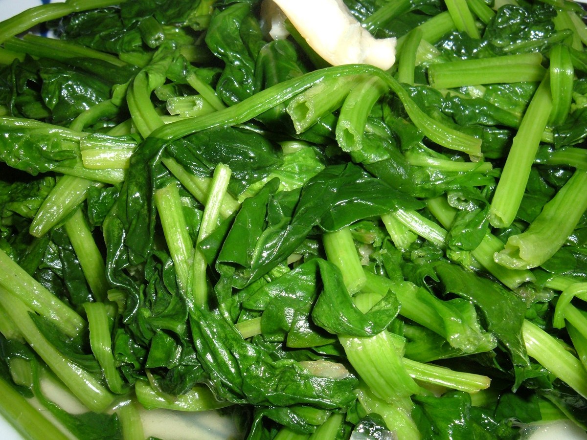 Chinese garlic spinach stir-fried until glossy and just wilted.