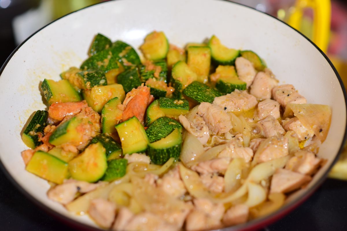 Chicken zucchini stir-fry with tender chicken pieces, green zucchini chunks, onion, garlic, and light sauce.